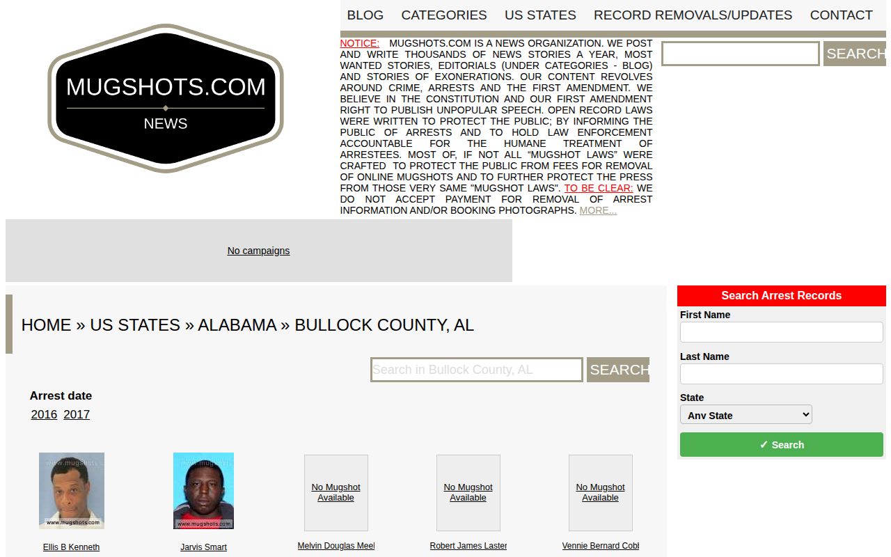 Unofficial and stale Bullock County mugshot archive landing